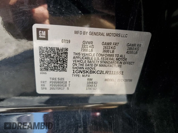 2020 Chevrolet Tahoe LT with VIN 1GNSKBKC2LR111551, listed as a Copart auction lot 57147985 with 134,867 mi miles and Salvage title. Bid and sale history available at DreamBid. Image 12.
