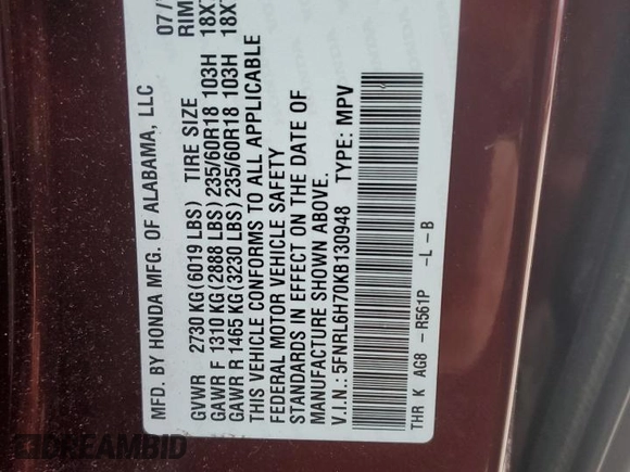 2019 Honda Odyssey EX-L with VIN 5FNRL6H70KB130948, listed as a Copart auction lot 52686395 with 35,632 mi miles and Salvage Title. Bid and sale history available at DreamBid. Image 13.