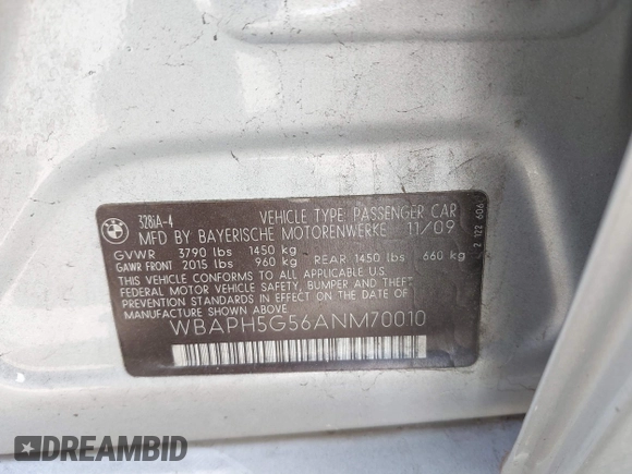 2010 BMW 3 Series 328i with VIN WBAPH5G56ANM70010, listed as a IAAI auction lot 42289877 with 127,146 mi miles and . Bid and sale history available at DreamBid. Image 9.