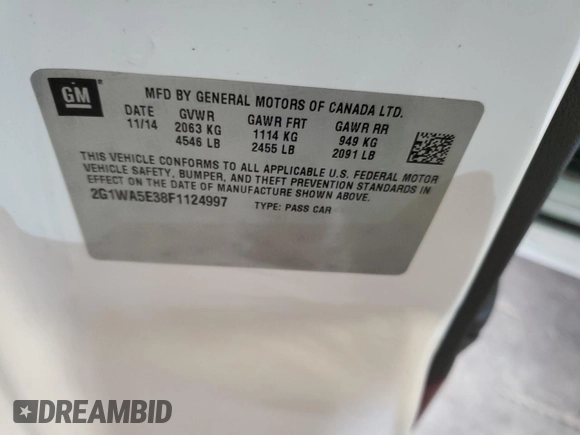 2015 Chevrolet Impala LS with VIN 2G1WA5E38F1124997, listed as a Copart auction lot 53738225 with 129,678 mi miles and Salvage title. Bid and sale history available at DreamBid. Image 12.