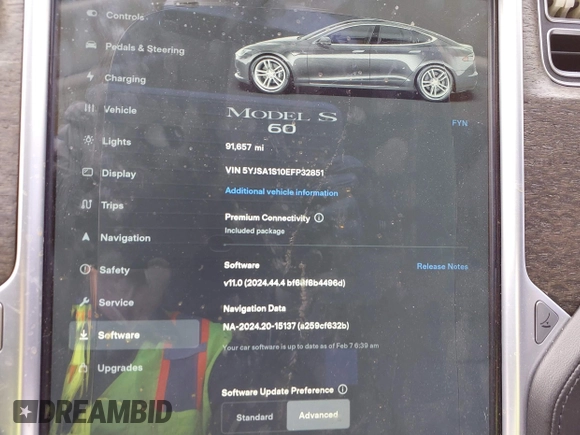 2014 Tesla Model S 60 with VIN 5YJSA1S10EFP32851, listed as a IAAI auction lot 41730746 with 91,657 mi miles and . Bid and sale history available at DreamBid. Image 15.
