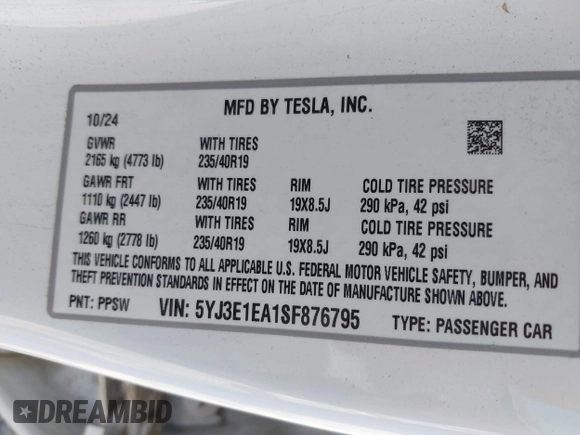 2025 Tesla Model 3 Long Range z VIN 5YJ3E1EA1SF876795, wystawiony jako IAAI lot #41967853 z przebiegiem 8 328 mil mil oraz . Historia ofert i sprzedaży dostępna na DreamBid. Obrazek 9.