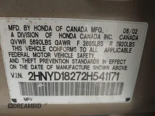 2002 Acura MDX with VIN 2HNYD18272H541171, listed as a IAAI auction lot 42141224 with 254,370 mi miles. Bid and sale history available at carsss.com. Image 9.