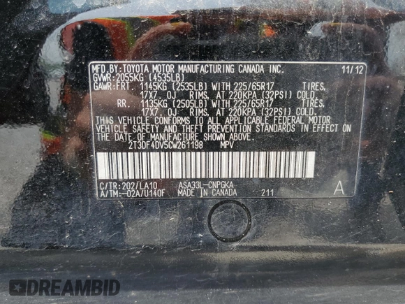 2012 Toyota RAV4 Limited с VIN 2T3DF4DV5CW261198, выставлен на аукционе Copart как лот 57331845 с пробегом 176 843 миль миль и Списание • Salvage title. История ставок и продаж доступна на DreamBid. Изображение 13.