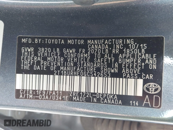 2016 Toyota Corolla L z VIN 2T1BURHE0GC542653, wystawiony jako IAAI lot #42211575 z przebiegiem 108 191 mil mil oraz . Historia ofert i sprzedaży dostępna na DreamBid. Obrazek 9.
