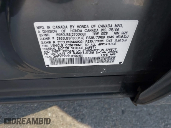 2007 Honda Pilot EX-L with VIN 2HKYF18667H501911, listed as a IAAI auction lot 41752356 with 267,277 mi miles and . Bid and sale history available at DreamBid. Image 9.