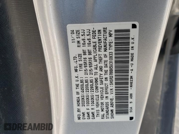 2005 Honda CR-V EX with VIN SHSRD788X5U310933, listed as a Copart auction lot 52030665 with 172,327 mi miles and Salvage Title. Bid and sale history available at DreamBid. Image 13.