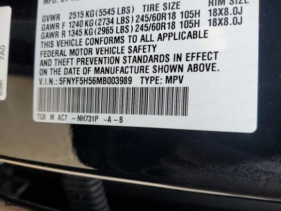 2021 Honda Pilot EX-L with VIN 5FNYF5H56MB003989, listed as a Copart auction lot 42028785 with 66,747 mi miles and Salvage Title. Bid and sale history available at carsss.com. Image 14.