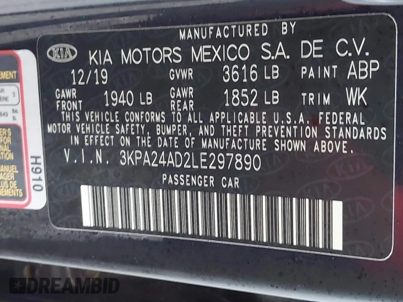 2020 Kia Rio LX with VIN 3KPA24AD2LE297890, listed as a IAAI auction lot 41201864 with 102,671 mi miles and . Bid and sale history available at DreamBid. Image 9.