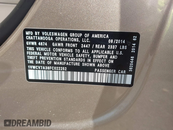 2015 Volkswagen Passat 2.0L TDI SEL Premium with VIN 1VWCV7A38FC022252, listed as a IAAI auction lot 41833398 with 131,411 mi miles. Bid and sale history available at carsss.com. Image 9.