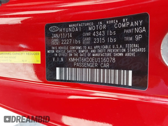 2014 Hyundai Genesis Coupe 2.0T with VIN KMHHT6KD0EU116078, listed as a IAAI auction lot 42396205 with 138,996 mi miles and . Bid and sale history available at DreamBid. Image 9.