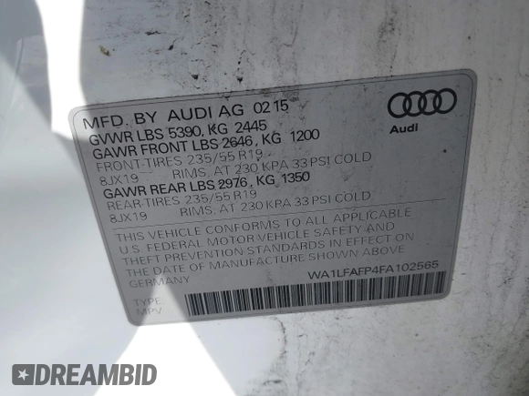2015 Audi Q5 Premium Plus with VIN WA1LFAFP4FA102565, listed as a IAAI auction lot 42469211 with 127,340 mi miles and . Bid and sale history available at DreamBid. Image 9.