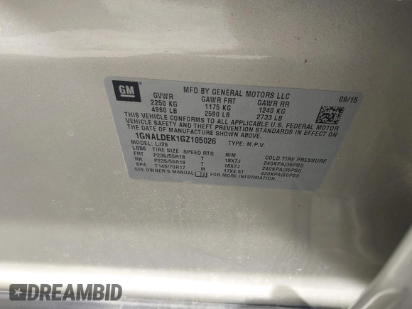 2016 Chevrolet Equinox LTZ z VIN 1GNALDEK1GZ105026, wystawiony jako IAAI lot #41900813 z przebiegiem 115 943 mil mil oraz . Historia ofert i sprzedaży dostępna na DreamBid. Obrazek 9.