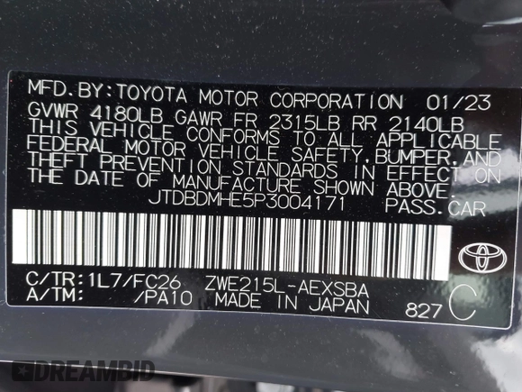 2023 Toyota Corolla Hybrid LE with VIN JTDBDMHE5P3004171, listed as a IAAI auction lot 41623308 with 32,579 mi miles. Bid and sale history available at carsss.com. Image 9.