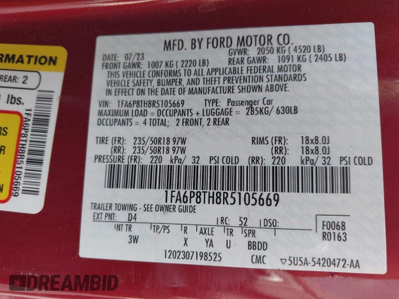 2024 Ford Mustang EcoBoost with VIN 1FA6P8TH8R5105669, listed as a IAAI auction lot 42054790 with Not provided miles and . Bid and sale history available at DreamBid. Image 9.