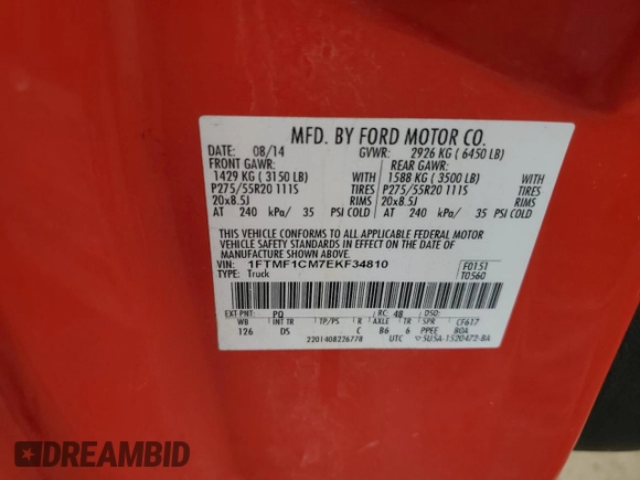 2014 Ford F-150 XL with VIN 1FTMF1CM7EKF34810, listed as a Copart auction lot 61783295 with 64,500 mi miles and Clean title. Bid and sale history available at DreamBid. Image 12.