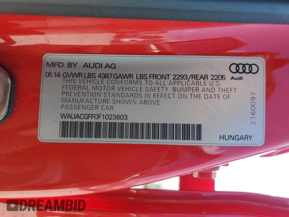2015 Audi A3 1.8T Premium with VIN WAUACGFF0F1023603, listed as a Copart auction lot 71322112 with 83,730 mi miles. Bid and sale history available at carsss.com. Image 12.