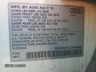 2018 Audi Q7 Premium with VIN WA1AAAF72JD053945, listed as a Copart auction lot 60673375 with 190,963 mi miles and Salvage title. Bid and sale history available at DreamBid. Image 13.