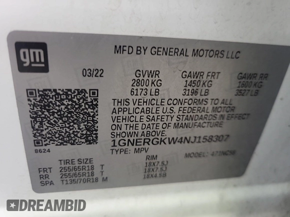2022 Chevrolet Traverse LT Cloth with VIN 1GNERGKW4NJ158307, listed as a IAAI auction lot 42708260 with 60,990 mi miles and . Bid and sale history available at DreamBid. Image 23.