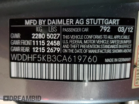 2012 Mercedes-Benz E 350 Luxury with VIN WDDHF5KB3CA619760, listed as a Copart auction lot 59657875 with 123,121 mi miles and Salvage title. Bid and sale history available at DreamBid. Image 12.