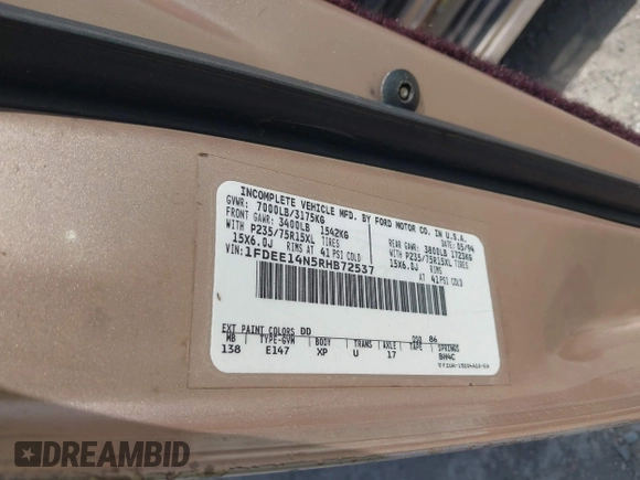 1994 Ford Econoline Cargo with VIN 1FDEE14N5RHB72537, listed as a IAAI auction lot 41968893 with 245,866 mi miles. Bid and sale history available at carsss.com. Image 9.