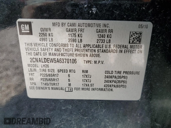 2010 Chevrolet Equinox 1LT with VIN 2CNALDEW5A6370106, listed as a Copart auction lot 50435655 with 170,575 mi miles and Clean Title. Bid and sale history available at DreamBid. Image 13.
