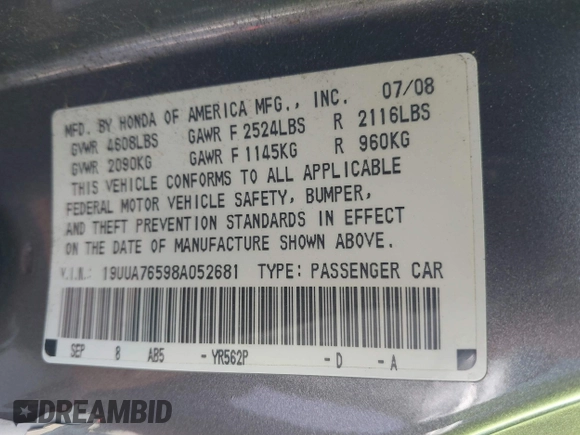 2008 Acura TL Type-S with VIN 19UUA76598A052681, listed as a IAAI auction lot 41790824 with 129,401 mi miles. Bid and sale history available at carsss.com. Image 9.