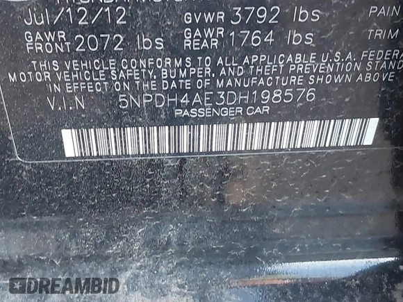 2013 Hyundai Elantra Limited with VIN 5NPDH4AE3DH198576, listed as a IAAI auction lot 39205756 with 57,934 mi miles and . Bid and sale history available at DreamBid. Image 9.