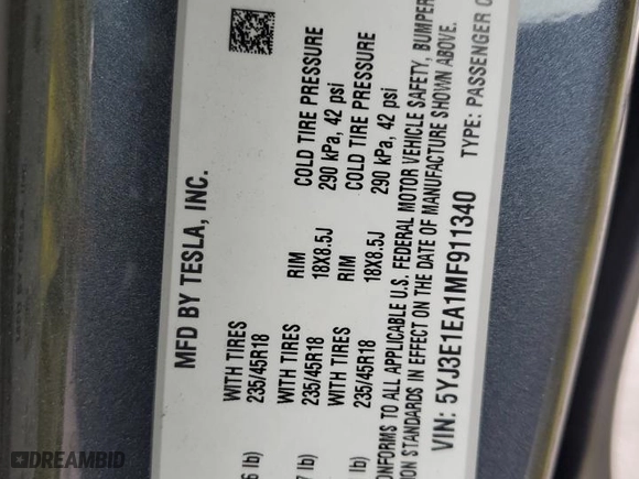 2021 Tesla Model 3 Standard Range Plus with VIN 5YJ3E1EA1MF911340, listed as a Copart auction lot 45011375 with 54,084 mi miles and Salvage Title. Bid and sale history available at carsss.com. Image 14.