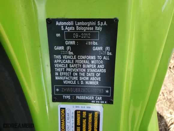2013 Lamborghini Gallardo with VIN ZHWGU6BZ9DLA12793, listed as a Copart auction lot 77525804 with NaN miles and Salvage Title. Bid and sale history available at carsss.com. Image 13.