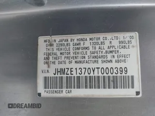 2000 Honda Insight with VIN JHMZE1370YT000399, listed as a IAAI auction lot 42337774 with 197,217 mi miles and . Bid and sale history available at DreamBid. Image 9.