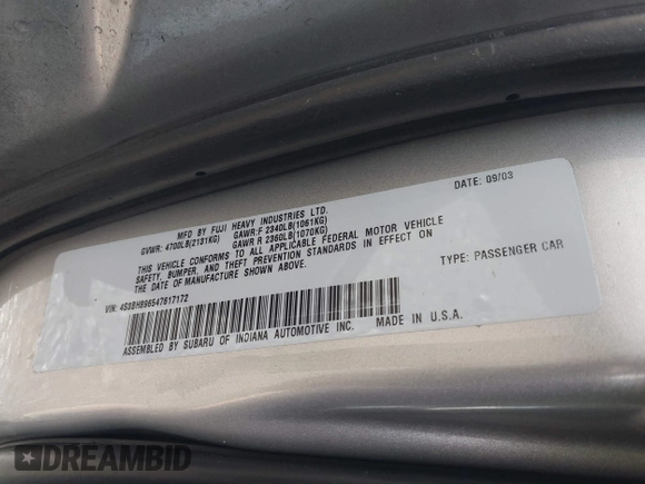 2004 Subaru Legacy Outback VDC with VIN 4S3BH896547617172, listed as a IAAI auction lot 41444575 with 163,845 mi miles and . Bid and sale history available at DreamBid. Image 9.