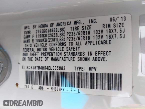 2014 Acura RDX Technology with VIN 5J8TB4H54EL005983, listed as a IAAI auction lot 41921349 with 171,029 mi miles and . Bid and sale history available at DreamBid. Image 9.