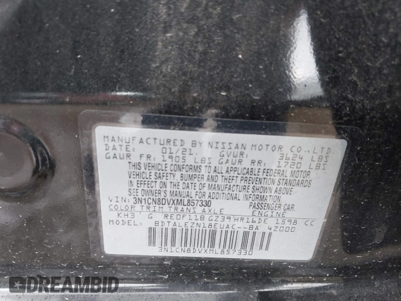 2021 Nissan Versa S with VIN 3N1CN8DVXML857330, listed as a IAAI auction lot 42640754 with 68,253 mi miles and . Bid and sale history available at DreamBid. Image 9.