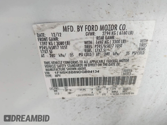 2013 Ford Explorer with VIN 1FM5K8B89DGB94134, listed as a IAAI auction lot 42369548 with 185,974 mi miles and . Bid and sale history available at DreamBid. Image 9.