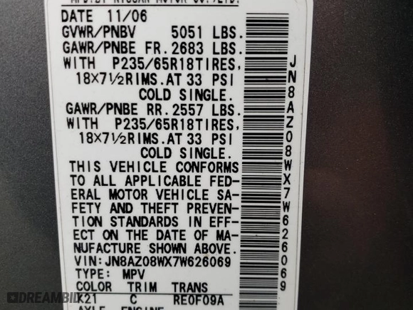 2007 Nissan Murano S with VIN JN8AZ08WX7W626069, listed as a Copart auction lot 64867864 with 135,636 mi miles and Salvage Title. Bid and sale history available at carsss.com. Image 12.