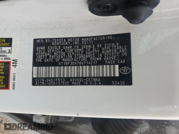 2011 Toyota Camry LE with VIN 4T1BF3EK7BU714217, listed as a Copart auction lot 53388615 with 141,226 mi miles and Salvage Title. Bid and sale history available at carsss.com. Image 12.