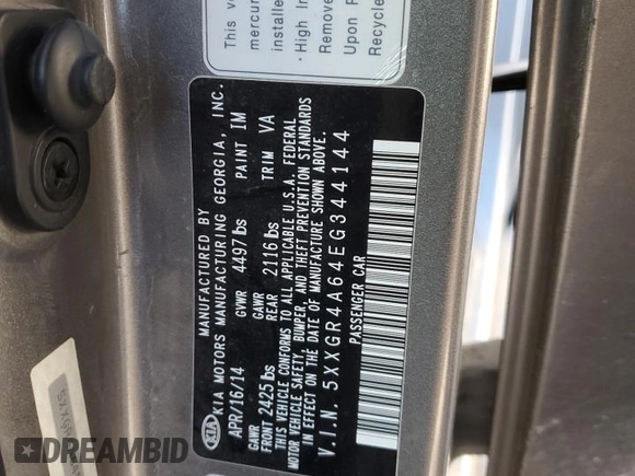 2014 Kia Optima SX Turbo with VIN 5XXGR4A64EG344144, listed as a Copart auction lot 83786424 with 139,016 mi miles and Salvage title. Bid and sale history available at DreamBid. Image 13.