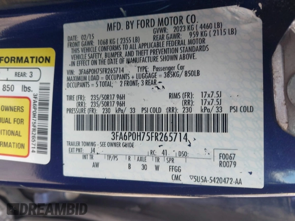 2015 Ford Fusion SE with VIN 3FA6P0H75FR265714, listed as a IAAI auction lot 42526888 with 143,154 mi miles and . Bid and sale history available at DreamBid. Image 9.