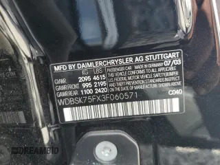 2003 Mercedes-Benz SL 500 z VIN WDBSK75FX3F060571, wystawiony jako Copart lot #58001825 z przebiegiem Nie podano mil oraz Czysty tytuł • Clean title. Historia ofert i sprzedaży dostępna na DreamBid. Obrazek 13.