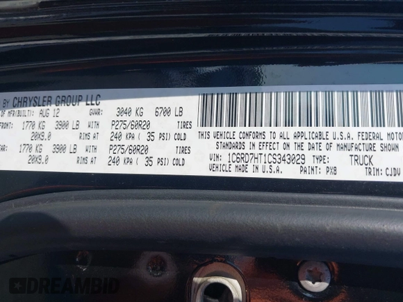 2012 Ram 1500 Sport with VIN 1C6RD7HT1CS343029, listed as a IAAI auction lot 42416012 with 115,487 mi miles and . Bid and sale history available at DreamBid. Image 9.