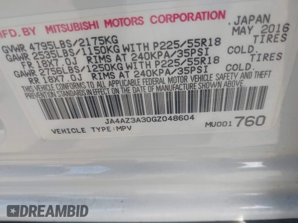 2016 Mitsubishi Outlander SE with VIN JA4AZ3A30GZ048604, listed as a IAAI auction lot 42682525 with Not provided miles and . Bid and sale history available at DreamBid. Image 9.