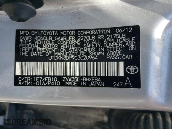 2012 Toyota Prius with VIN JTDKN3DP9C3020964, listed as a Copart auction lot 53879414 with 237,909 mi miles and Salvage title. Bid and sale history available at DreamBid. Image 12.