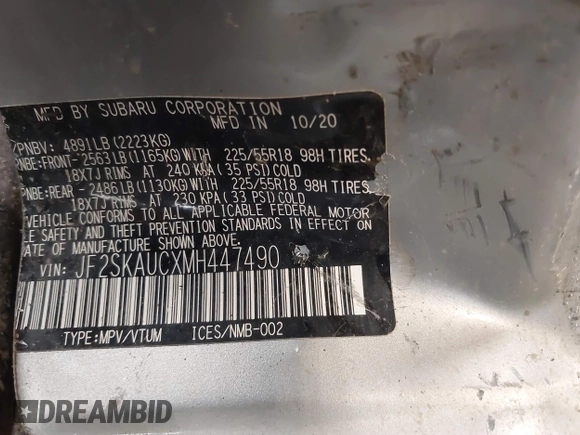 2021 Subaru Forester Limited с VIN JF2SKAUCXMH447490, выставлен на аукционе IAAI как лот 41039289 с пробегом 92 271 миль миль и . История ставок и продаж доступна на DreamBid. Изображение 9.