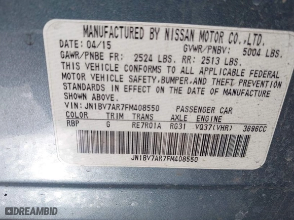 2015 Infiniti Q50 Premium with VIN JN1BV7AR7FM408550, listed as a IAAI auction lot 41619558 with 137,678 mi miles. Bid and sale history available at carsss.com. Image 9.