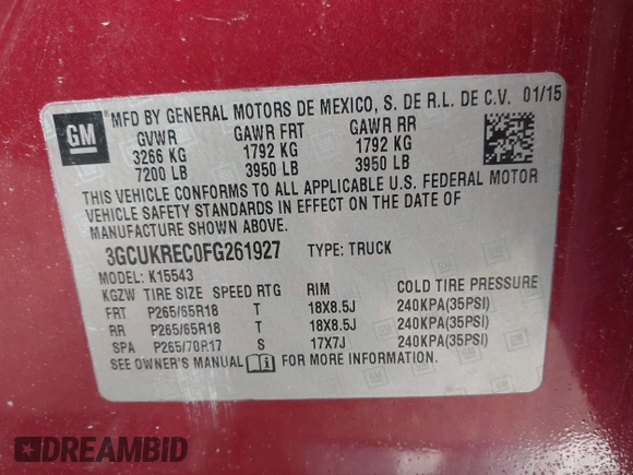 2015 Chevrolet Silverado 1500 LT with VIN 3GCUKREC0FG261927, listed as a IAAI auction lot 41598096 with Not Provided miles and . Bid and sale history available at DreamBid. Image 9.