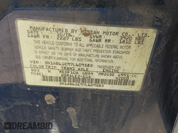 2007 Nissan Sentra 2.0 with VIN 3N1AB61E97L609583, listed as a IAAI auction lot 39568264 with 183,606 mi miles and . Bid and sale history available at DreamBid. Image 9.