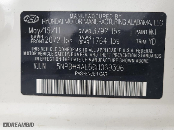 2012 Hyundai Elantra Limited with VIN 5NPDH4AE5CH069396, listed as a Copart auction lot 73027524 with 147,307 mi miles and Salvage Title. Bid and sale history available at carsss.com. Image 12.
