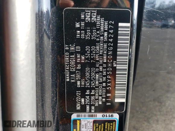 2022 Kia Telluride SX with VIN 5XYP5DHC0NG242472, listed as a Copart auction lot 43958185 with 57,604 mi miles and Salvage title. Bid and sale history available at DreamBid. Image 13.