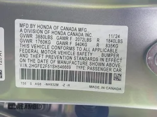 2025 Honda Civic Sport with VIN 2HGFE2F51SH546669, listed as a IAAI auction lot 41152747 with 775 mi miles and . Bid and sale history available at carsss.com. Image 9.